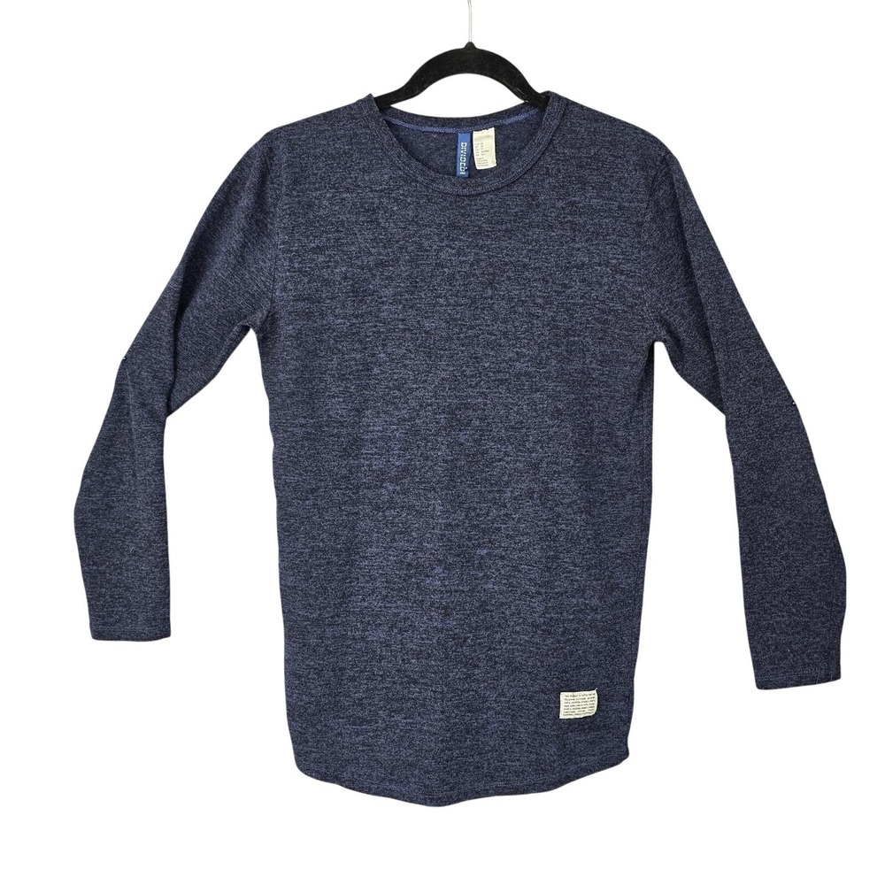 HM Divided Mens XS Navy Blue Marled Knit Long Sleeve‎ Crewneck Curved Hem Shirt